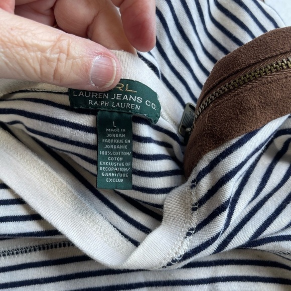 Vintage RALPH LAUREN women’s Sz L shirt striped white w/suede LEATHER patch - Picture 9 of 15